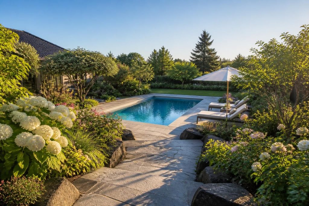 aménagez le jardin idéal à haguenau avec une piscine en point central pour un espace de détente et de convivialité unique.