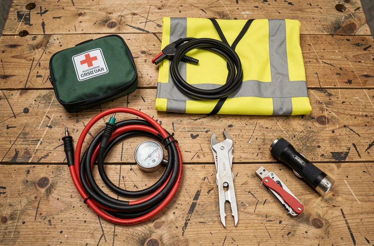 Vue à plat des accessoires indispensables pour voyager serein en voiture : trousse de secours, gilet jaune, câbles de démarrage, jauge de pression et lampe de poche sur un établi en bois