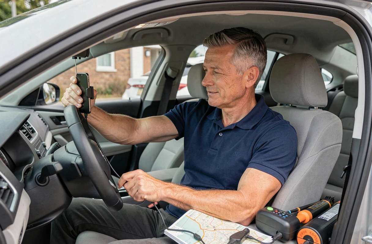 Conducteur installant un support téléphone et un chargeur de voiture avant un départ en route, avec accessoires de voyage sur le siège passager