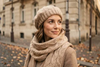 Femme portant un béret et une écharpe en maille épaisse crème dans une rue pavée parisienne en automne