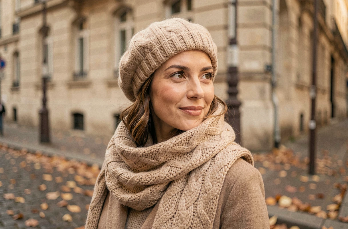 Femme portant un béret et une écharpe en maille épaisse crème dans une rue pavée parisienne en automne