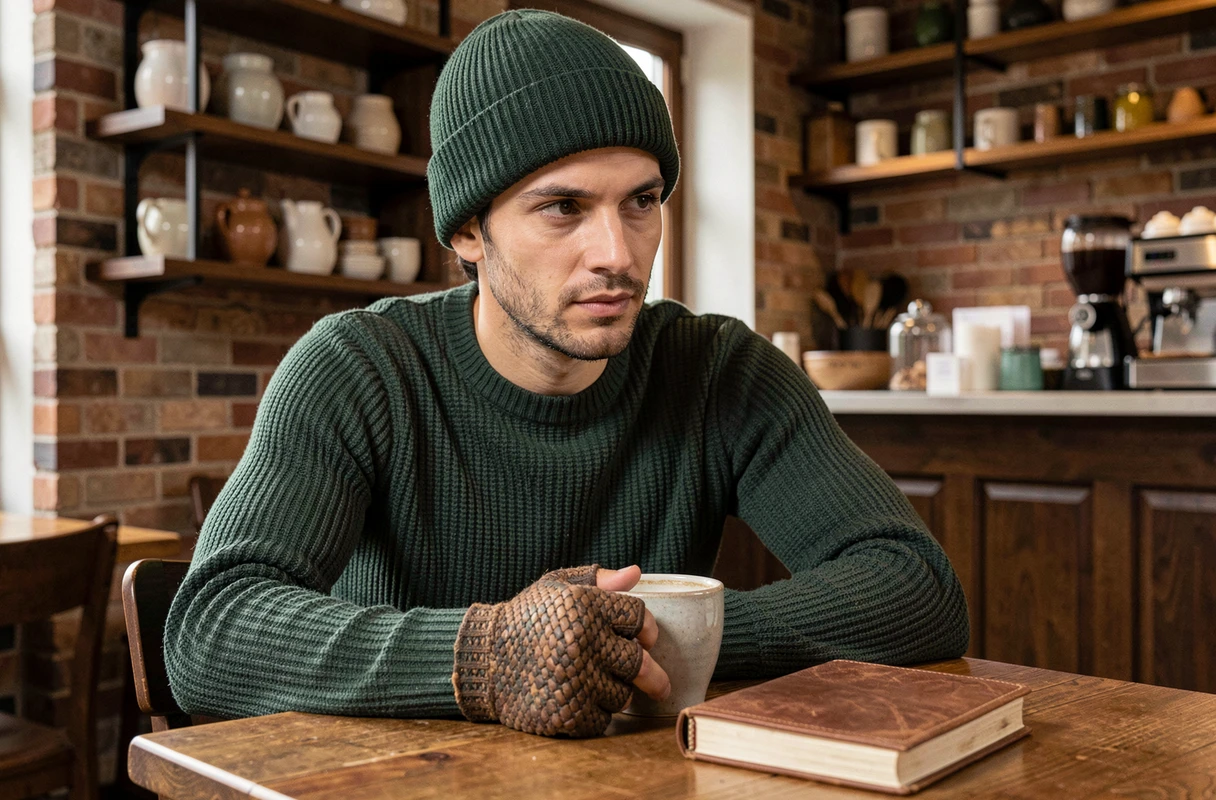 Homme avec bonnet et gants en maille verte assis dans un café avec une tasse de café et un carnet en bois