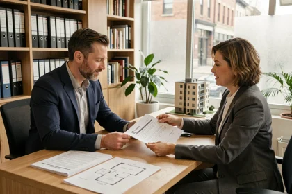 Acheteur immobilier et notaire examinant un contrat d'achat en copropriété dans un bureau moderne