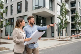 Couple devant un immeuble neuf en ville, tenant des plans architecturaux, illustrant l'achat immobilier dans le neuf