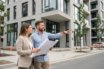 Couple devant un immeuble neuf en ville, tenant des plans architecturaux, illustrant l'achat immobilier dans le neuf
