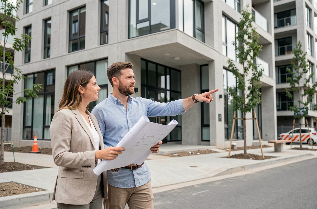 Couple devant un immeuble neuf en ville, tenant des plans architecturaux, illustrant l'achat immobilier dans le neuf