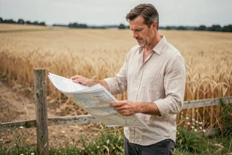 Homme examinant un plan cadastral sur un terrain constructible en zone rurale avec des champs en arrière-plan