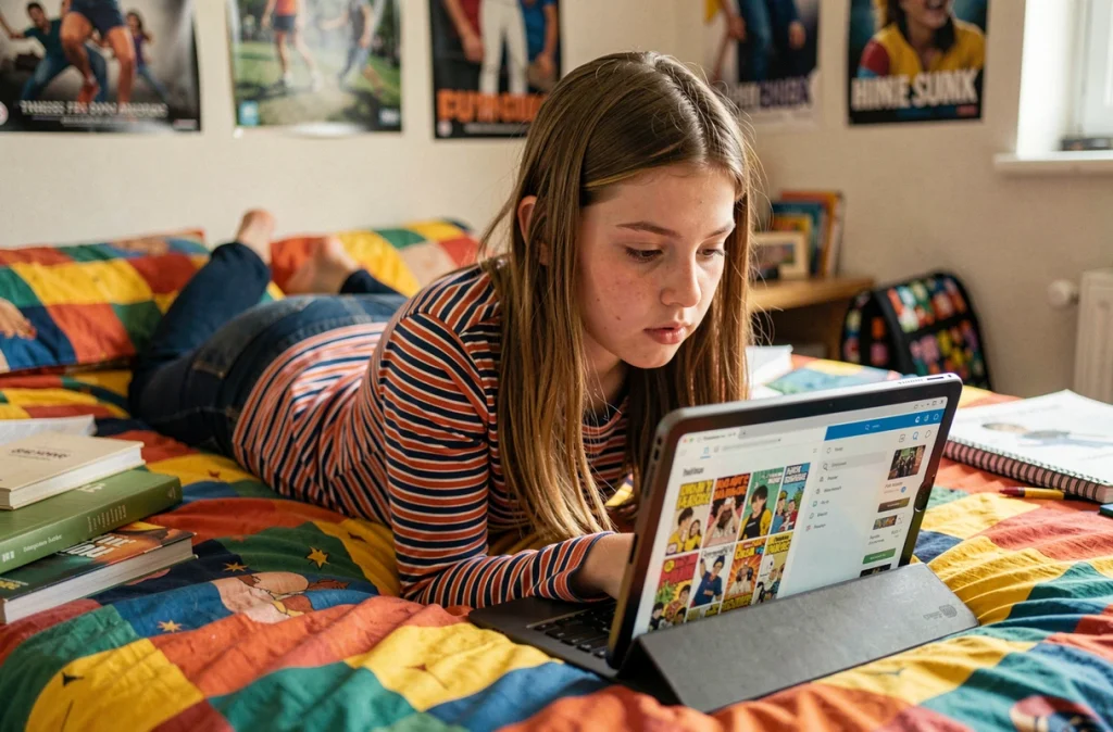 Adolescente lisant des scans manga sur une tablette dans sa chambre via un site alternatif fiable