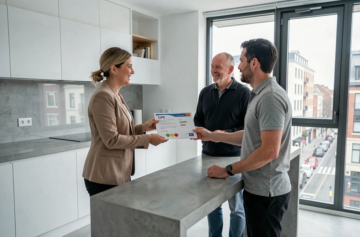 Agent immobilier présentant un diagnostic de performance énergétique à des acheteurs potentiels dans un appartement moderne