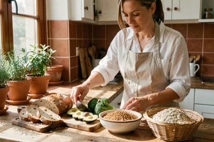 Femme préparant un assortiment d'aliments riches en fibres dans une cuisine rustique et chaleureuse