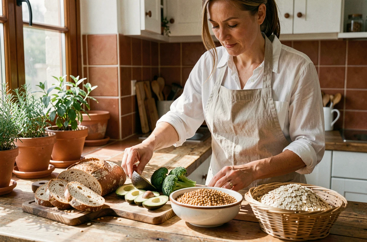 Femme préparant un assortiment d'aliments riches en fibres dans une cuisine rustique et chaleureuse
