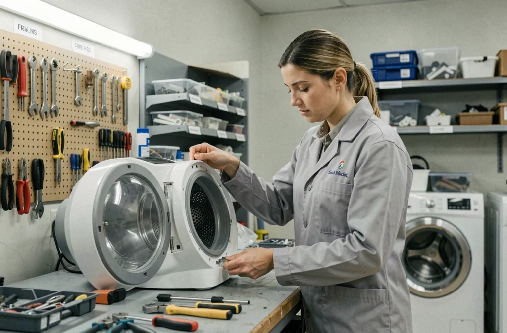 Technicienne Alp'ménager réparant une machine à laver dans un atelier de réparation d'électroménager propre et organisé