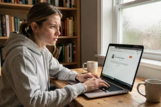 Femme cherchant des alternatives à un site de scan bloqué sur son ordinateur portable à domicile