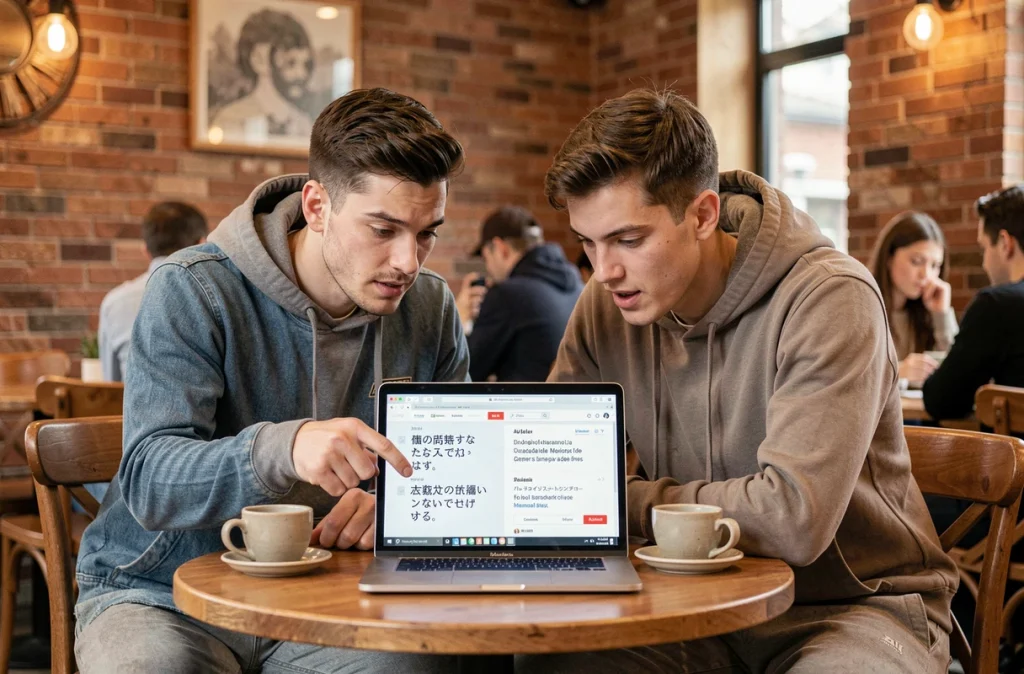 Deux amis comparant la version japonaise et la traduction française d'un scan One Punch Man dans un café