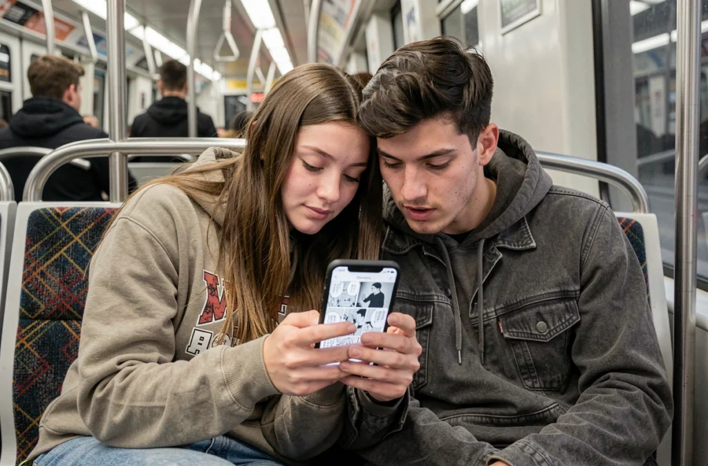 Deux amis lisant un manga légalement sur smartphone dans le métro ensemble