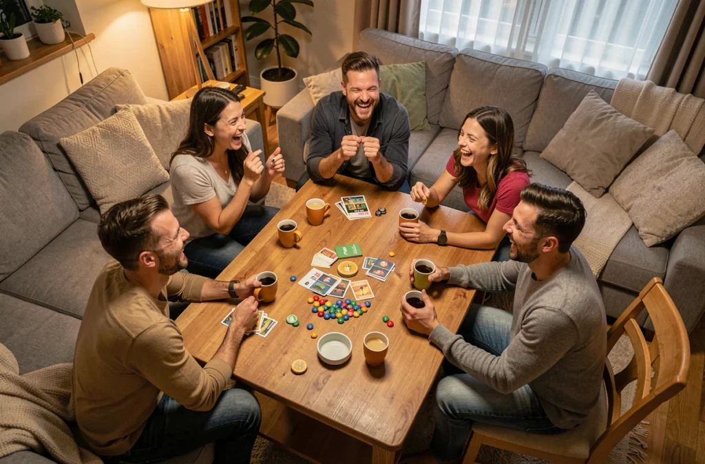 Amis réunis autour d'une table pour une soirée jeux