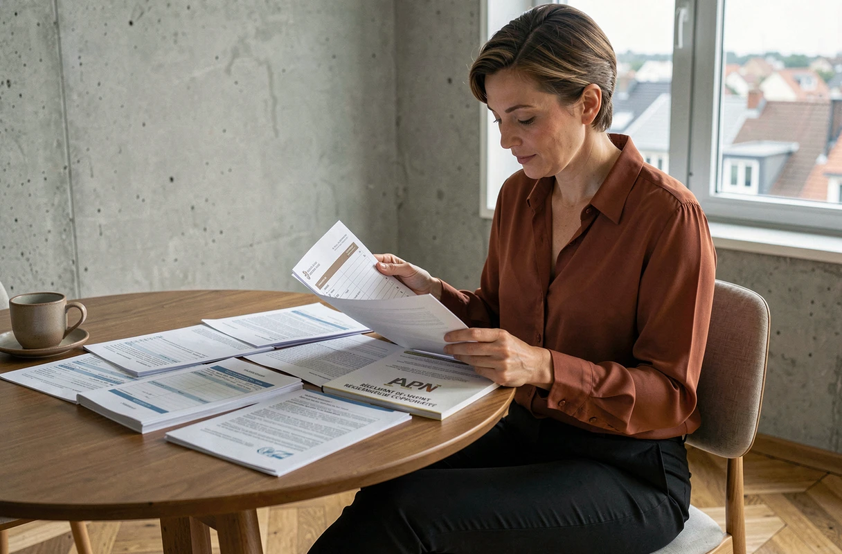 Acheteuse analysant les documents de syndic et le règlement de copropriété avant un achat immobilier