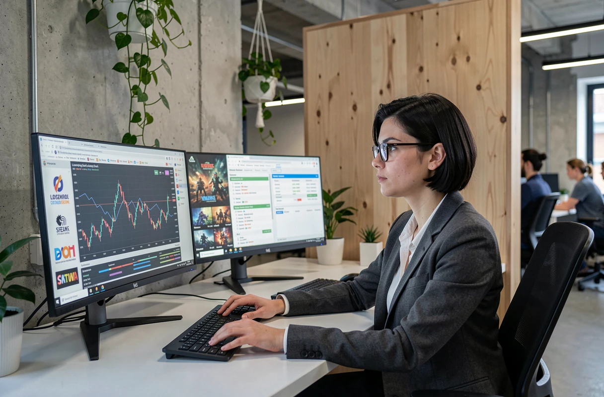 Jeune investisseuse analysant des données financières sur le marché des licences de jeux vidéo dans un espace de coworking français