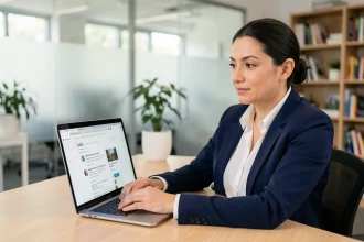 Femme professionnelle analysant des résultats de recherche Google sur un ordinateur portable dans un bureau moderne
