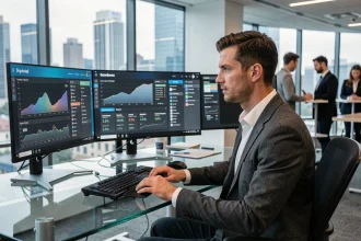 Analyste d'affaires examinant des tableaux de bord de cloud gaming sur plusieurs écrans dans un bureau moderne