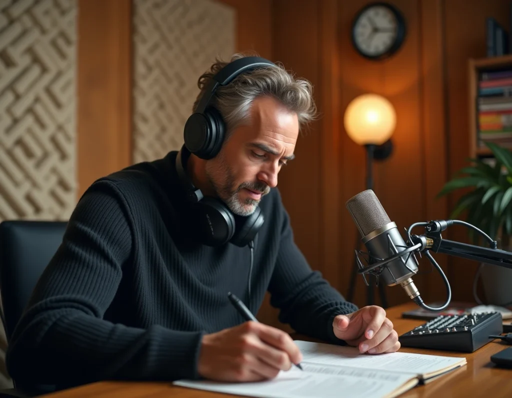 Animateur radio français dans un studio home recording portant un casque professionnel et consultant ses notes avec attention