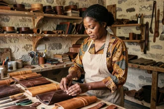 Artisane africaine arrangeant des articles en cuir dans son atelier local soutenu par le microcrédit