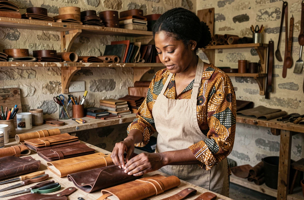 Artisane africaine arrangeant des articles en cuir dans son atelier local soutenu par le microcrédit