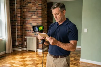 Auditeur énergétique réalisant un diagnostic dans un salon avec parquet et radiateur visible