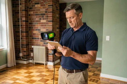 Auditeur énergétique réalisant un diagnostic dans un salon avec parquet et radiateur visible