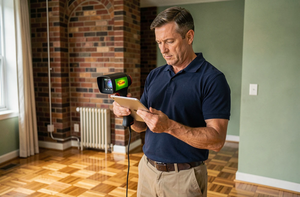 Auditeur énergétique réalisant un diagnostic dans un salon avec parquet et radiateur visible