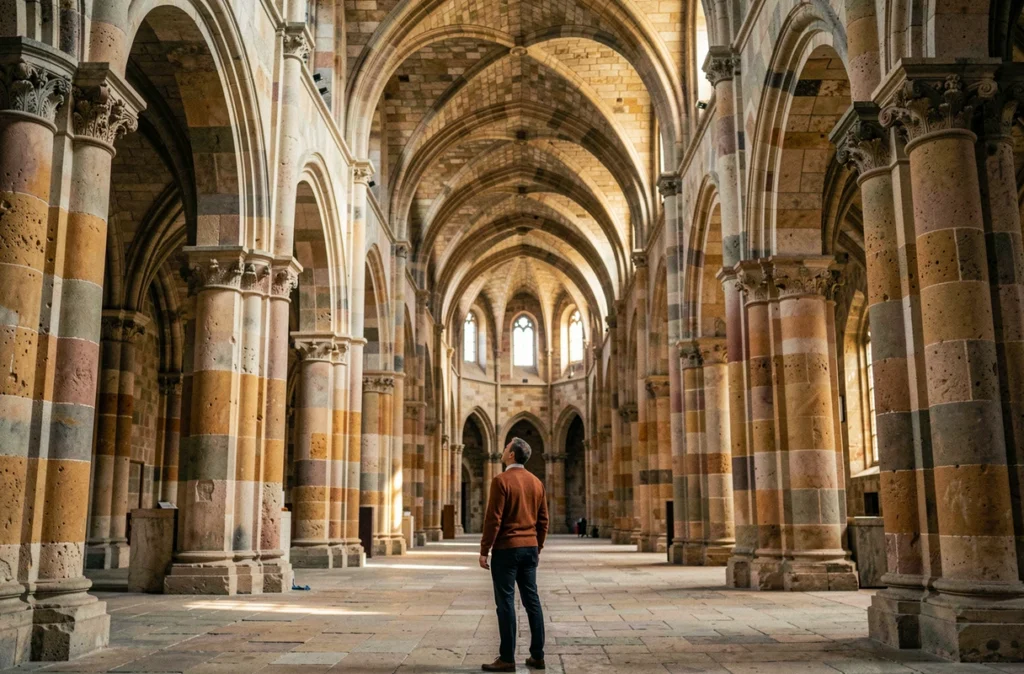 Visiteur admirant la voûte romane de la Basilique Saint-Sernin à Toulouse lors d'un premier séjour