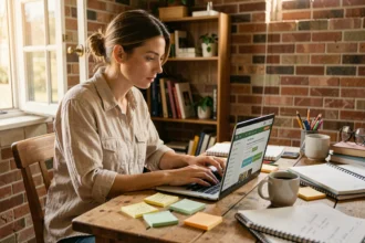 Blogueuse indépendante travaillant sur une plateforme de blogging gratuite depuis son bureau à domicile