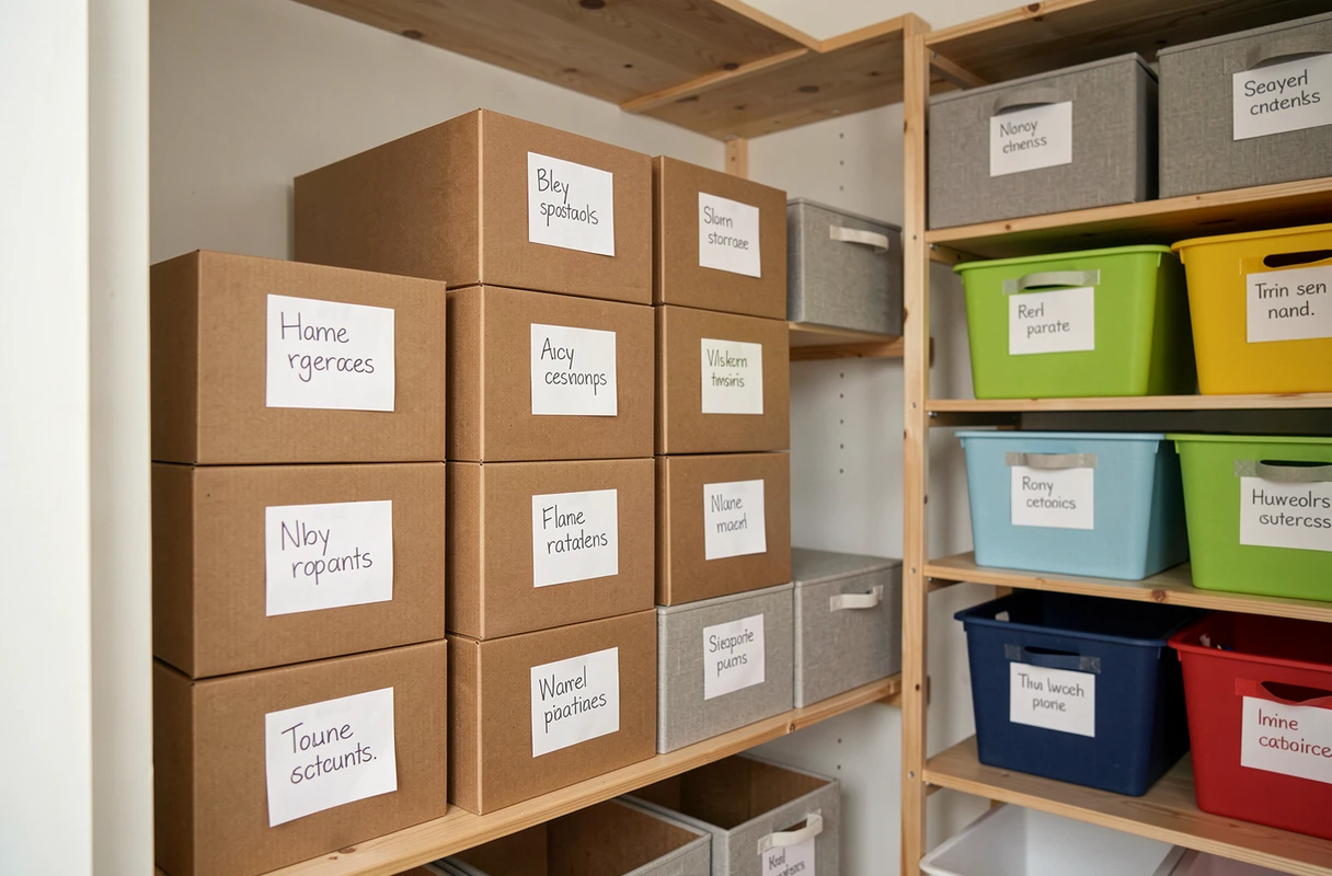 Étagère de rangement avec boîtes étiquetées empilées et bacs de tri colorés formant un système d'organisation permanent