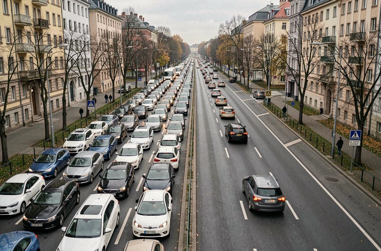 Vue aérienne d'un boulevard urbain en heure de pointe avec voie de covoiturage fluide contrastant avec les embouteillages
