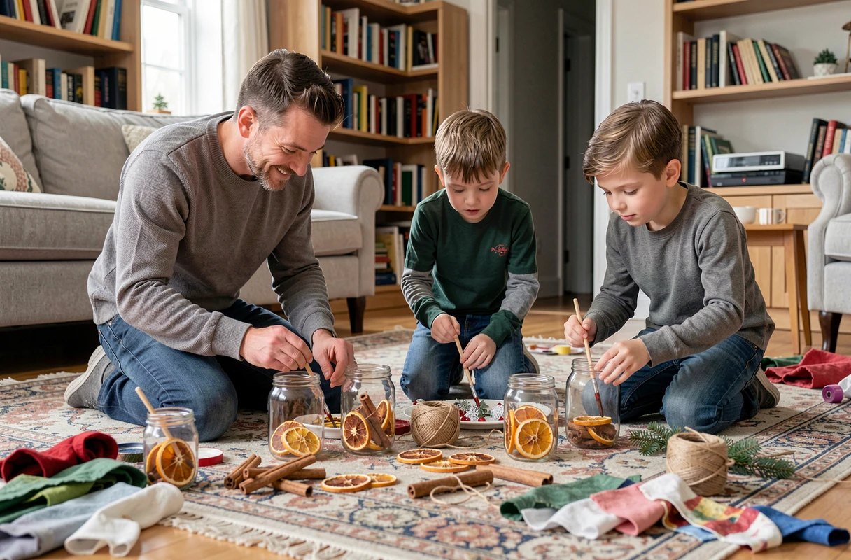 Père et enfants créant des décorations hivernales recyclées dans le salon en famille