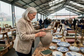 Femme chinant une vase en céramique ancienne sur un marché brocante couvert en Meurthe-et-Moselle sous la pluie