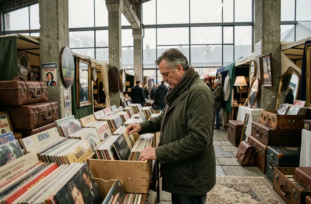 Homme feuilletant des vinyles anciens dans une brocante intérieure en Lorraine par temps de pluie