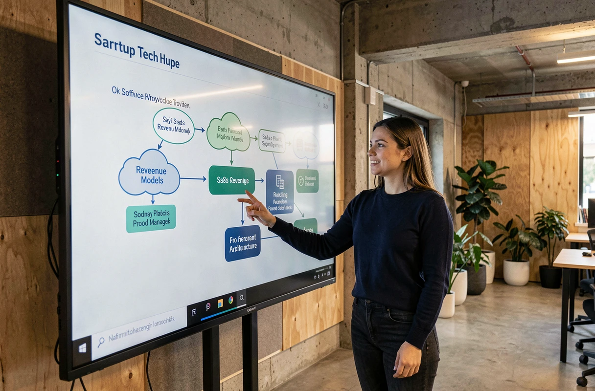 Cheffe de produit présentant un schéma d'infrastructure cloud gaming dans un espace de travail collaboratif de startup