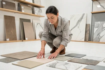Femme comparant des échantillons de carrelage et de pierres naturelles dans un showroom de rénovation de salle de bain