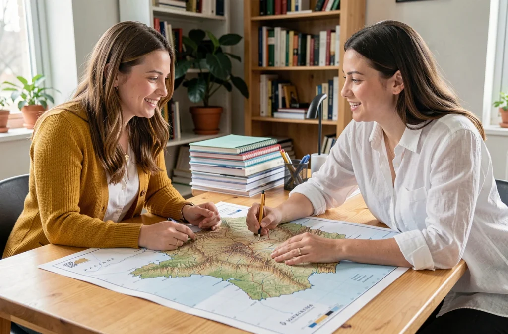 Deux femmes collaborant autour d'une carte imprimée des montagnes de France sur une table en bois