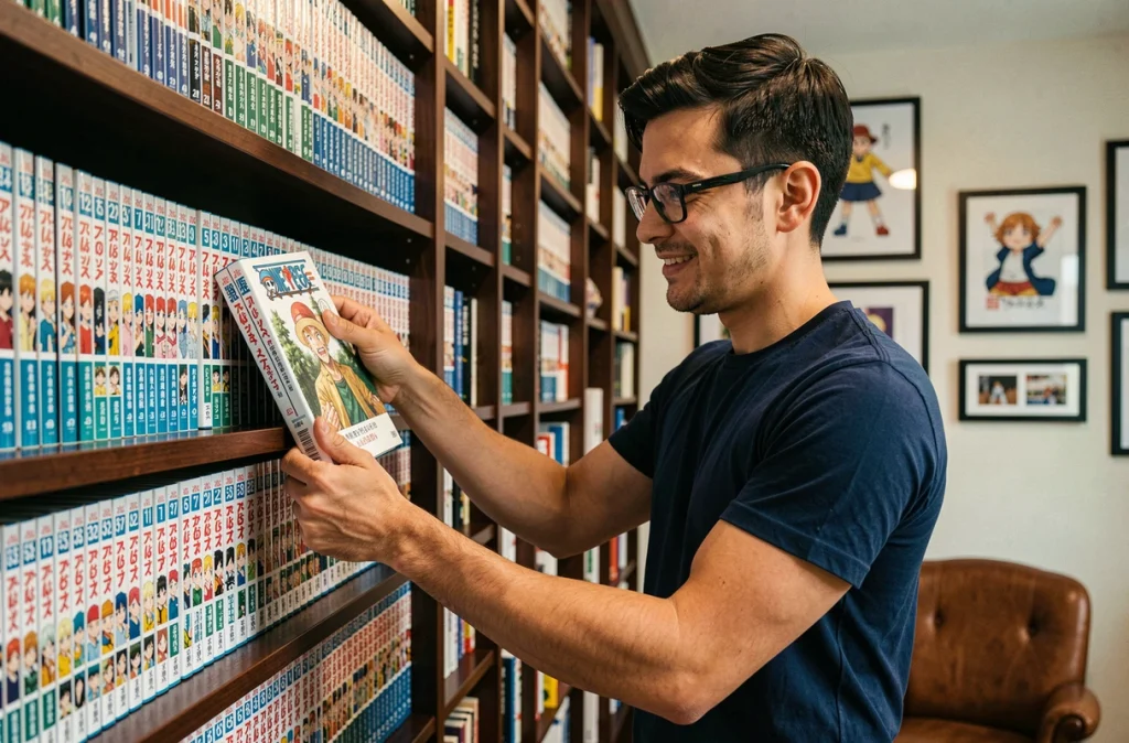 Collectionneur adulte rangeant un nouveau volume de One Piece dans une bibliothèque complète dédiée au manga