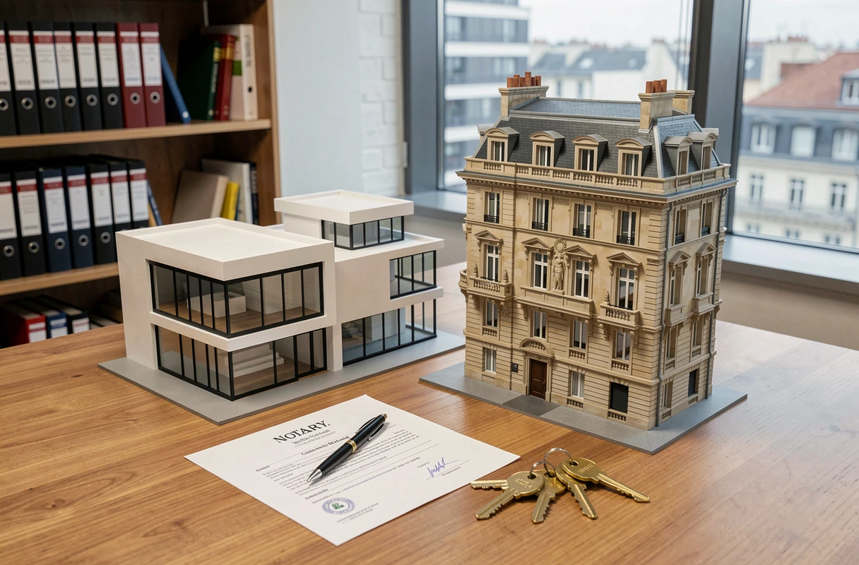 Maquettes architecturales d'un immeuble neuf et d'un bâtiment ancien côte à côte sur un bureau de notaire avec contrat et clés