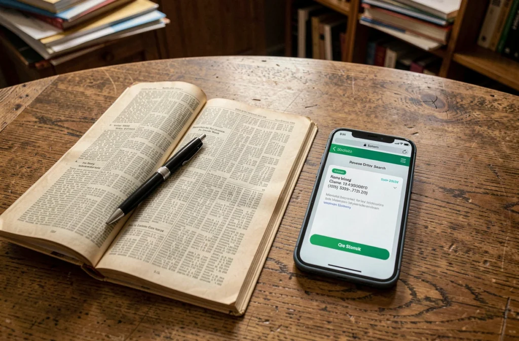 Comparaison entre un annuaire papier classique et une recherche inversée sur smartphone posés sur une table en bois