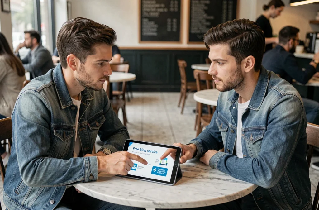 Deux collègues comparant les options de blogging gratuit et premium autour d'une tablette dans un café urbain
