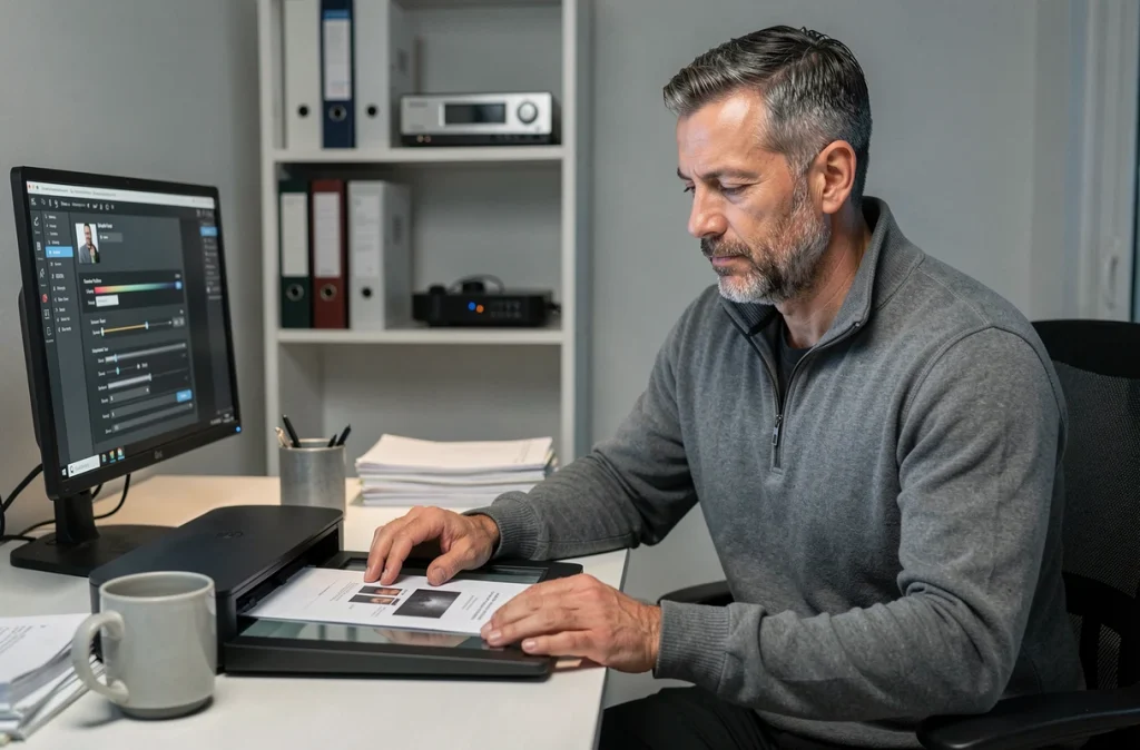 Homme configurant un scanner à plat pour améliorer la qualité d'image d'un document à domicile
