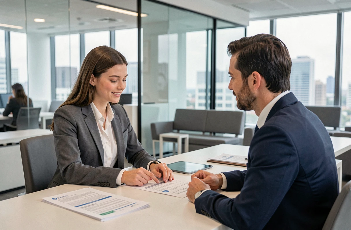 Jeune femme en rendez-vous avec un conseiller bancaire pour souscrire une assurance emprunteur