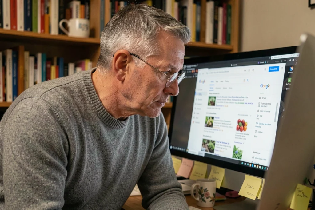 Homme consultant attentivement une page de résultats Google sur un écran d'ordinateur de bureau dans un bureau à domicile