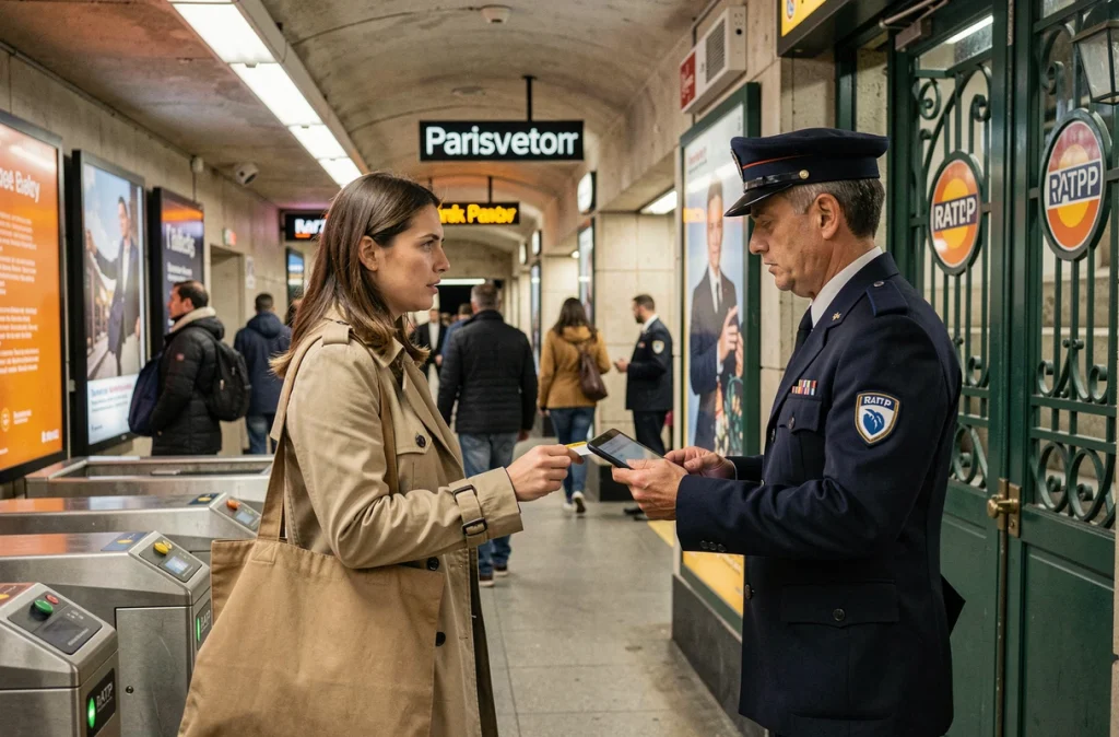 Voyageuse contrôlée par un agent RATP à la sortie d'une station de métro à Paris