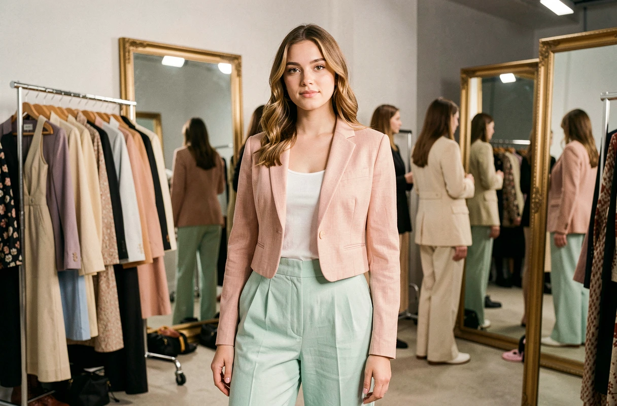 Styliste en couleurs pastel menthe et blush dans les coulisses d'un défilé de mode printanier