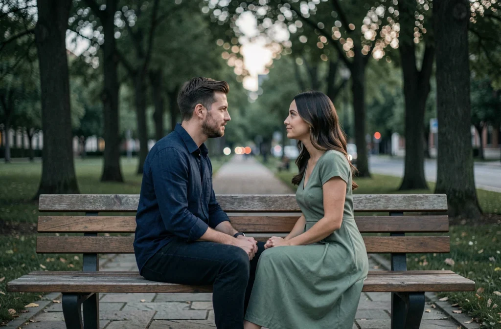 Couple assis face à face dans un parc urbain au crépuscule, regard profond et connexion émotionnelle évoquant la flamme jumelle